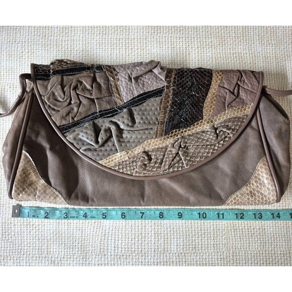 Vintage 80s Eleganza by JJ Purse Envelope Handbag Genuine Leather Brown Snakeski - Picture 9 of 10